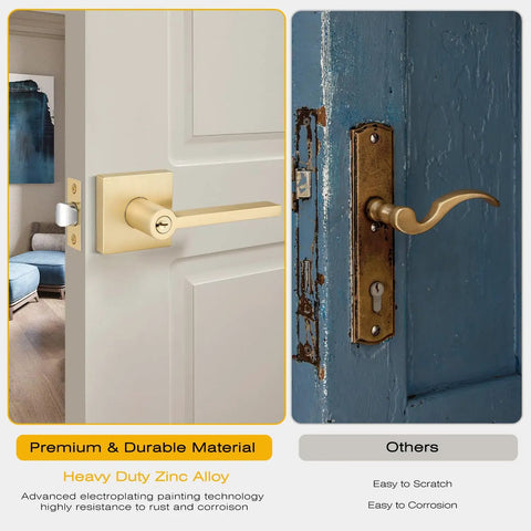 Comparison of Five Piece Satin Brass Door Handles Set With Lock And Key For Interior And Exterior Doors, shown on different door panels