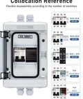 Outdoor Breaker Box 15 Amp Miniature Circuit Breaker With DIN Rail Enclosure Solar Disconnect Switch IP65 Waterproof DC 12 to 500V AC 90 to 480V No Polarity Big Wiring Space Easy Install displayed with various switch options.