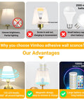 Peel And Stick Wall Sconces Set Of 2 With Rechargeable Battery Wire Free No Drill Adhesive Wall Lamp Gold White, showcasing advantages.