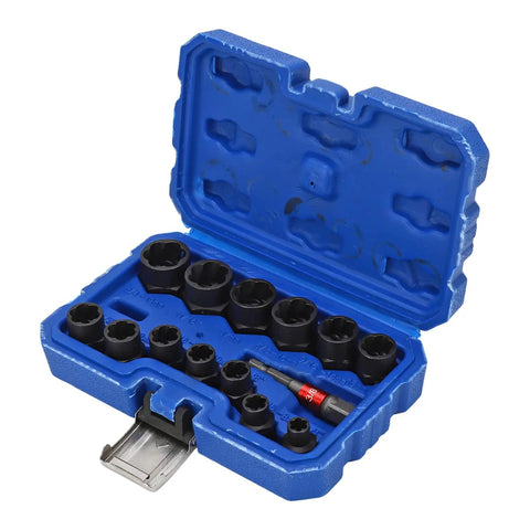 14Pcs Nut Remover Extractor Kit For Damaged Bolts And Rusty Nuts 3/8in Hex Socket Set in blue storage box, open view