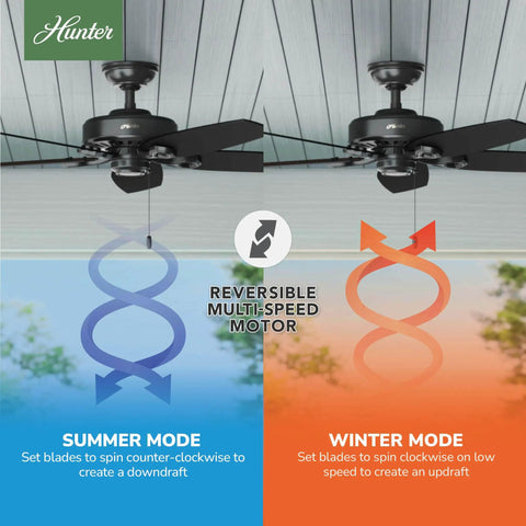 52 Inch Matte Black Ceiling Fan With Pull Chain No Light Damp Rated For Indoor Outdoor Use Standard Mount Five Blades Summer Winter Modes