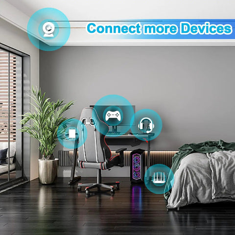 Gaming desk setup in modern room showcasing connection capabilities with devices, emphasizing connectivity options.