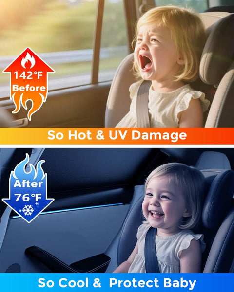 Comparison of baby in hot car vs. car with Baby Car Window Shades With UV Block And 99 Percent Sun Protection installed.