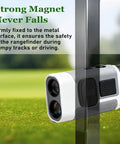 Golf Rangefinder Holder With Magnetic Mounts attached to metal surface on golf course for stable distance measurement.