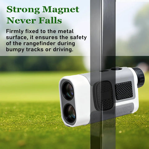 Golf Rangefinder Holder With Magnetic Mounts attached to metal surface on golf course for stable distance measurement.