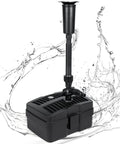 660GPH Submersible Pond Filter Fountain Pump With 5W UV C Lamp shown with water splash, compact outdoor pond system.