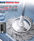 Close-up of mop head on industrial steel rolling mop and broom cart designed for home, garage, and garden use.