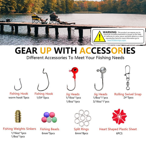 Ultimate Fishing Lures Kit With Crankbaits Topwater Spinnerbaits Worms Jigs Hooks Tackle Box And More Gear For Bass And Trout image showing various fishing accessories including hooks and jig heads