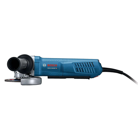 Pro Level 5 Inch Angle Grinder With Fully Variable Speed Control And Multi Grip Paddle Switch Powered By A Badass 13 Amp Motor And Rock Solid X-Lock Quick Change Mount For Heavy Grinding And Precision Cutting, side view showing paddle switch and disc.
