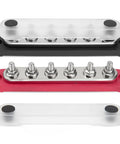Heavy Duty 150 Amp 12V Bus Bar With Cover Rock Solid M6 Studs, three terminals in red, black, and transparent for clean wire setup.