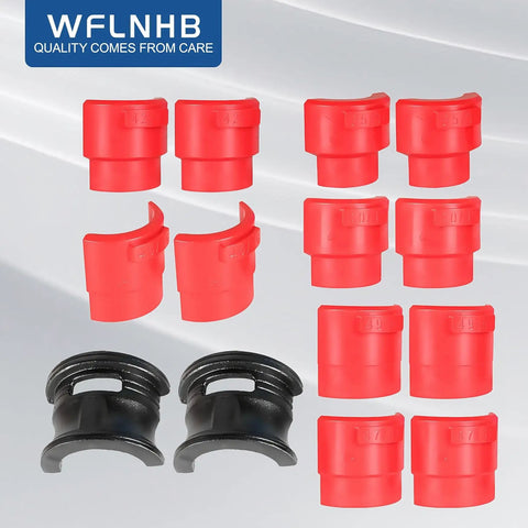 14 Piece Universal Fork Seal Driver Tool Kit For Motorcycle And Dirt Bike Forks Sizes 35 36mm 40 41mm 42 43mm 45 46mm 47 48mm 49 50mm Pro Grade Heavy Duty Build Easy Install displayed with red and black adapters