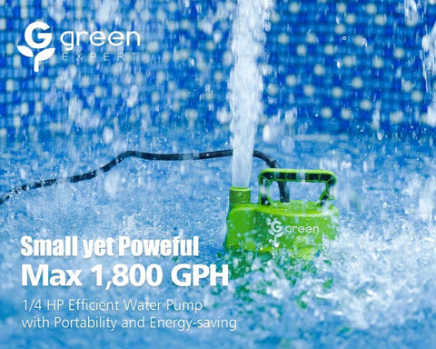 Front view of Green Expert 1/4HP submersible sump pump, green plastic body, max 1,800 GPH