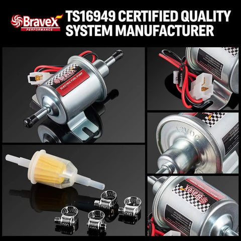Universal 12V Inline Fuel Pump Low Pressure 2.5 To 4 PSI For Gas And Diesel HEP-02A with connectors and clamps
