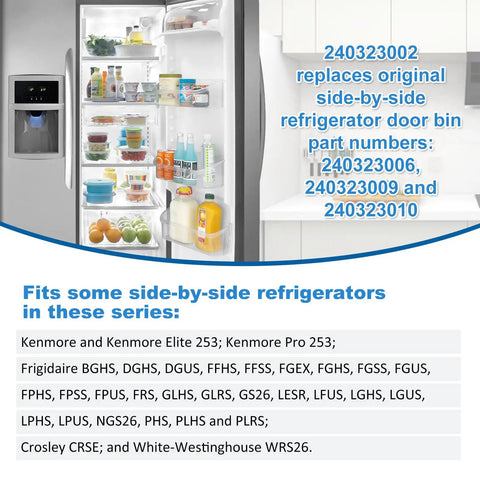 Open fridge displaying upgraded 2 pack refrigerator door bin shelves that fit Frigidaire and Kenmore bottom two shelves on the fridge side replacement parts PS429725 AP2115742.