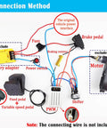 Diagram showing Soft Start Soft Stop DC Motor Speed Controller Kit With Variable Pedal Braking Resistor And Fuse For Power Wheels Upgrades And Ride On Toys PWM 2 0B Compatible Module Plug And Play connection method and components.