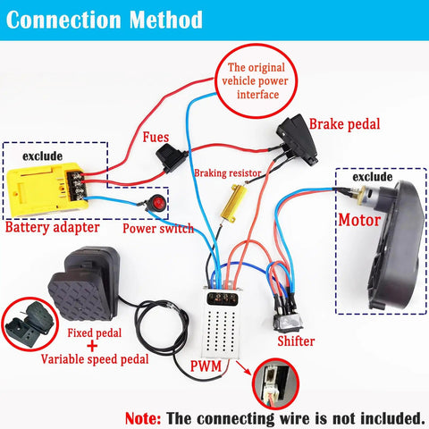 Diagram showing Soft Start Soft Stop DC Motor Speed Controller Kit With Variable Pedal Braking Resistor And Fuse For Power Wheels Upgrades And Ride On Toys PWM 2 0B Compatible Module Plug And Play connection method and components.