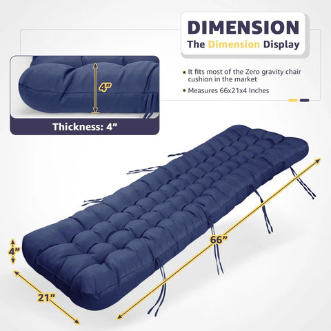 Waterproof Patio Lounge Chair Cushion For Zero Gravity Outdoor Chairs 66x21x4 Inches Blue With Ties Fade Resistant Fabric And Plush PP Cotton Fill Indoors Or Outdoors Ultra Comfy Cushioned Pad, dimensions and ties displayed.