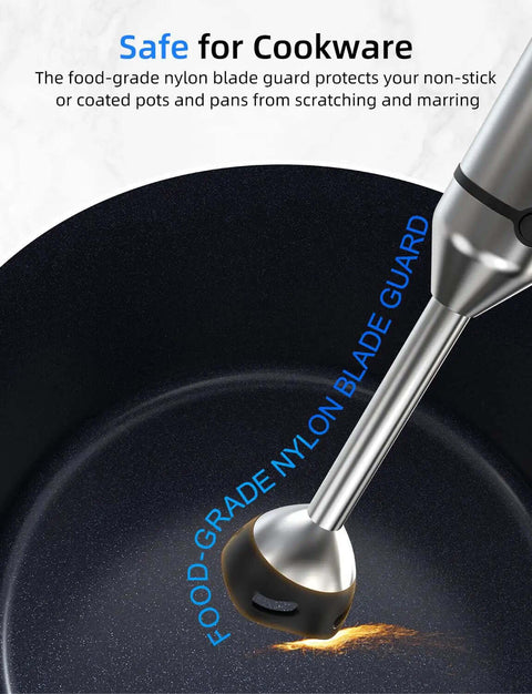 Heavy Duty Hand Blender Powered By A Badass Copper Motor And Smooth Blending Action Gets The Job Done Includes Egg Whisk Potato Masher And Solid Food Chopper For Zero Hassle Prep with nylon blade guard.