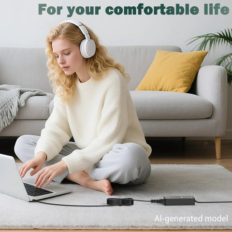 100W USB C Laptop Charger With Universal Compatibility For Laptops Tablets And All USB C Devices Delivers Fast Charge On The Go For Home Office Travel Gaming And Everyday Use black adapter with 11 ft cord beside laptop