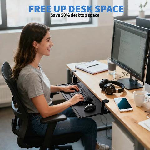 Under Desk Keyboard Tray That Slides Out Like A Boss Full Metal Build Rust Resistant Scratch Proof Double C Clamps in use
