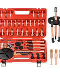 Front view of 33-in-1 bearing puller kit in red case with copper-tone puller rods and accessories for automotive use