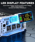 3500W Pure Sine Wave Inverter For 12V DC To 110V AC With 3 AC Outlets USB Port Type C Port Remote LCD Display showcasing LED features.