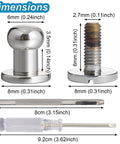 Six Pack Of Solid Brass Ball Stud Rivets For Leather Goods And Bags with dimensions showing sizes for DIY applications.