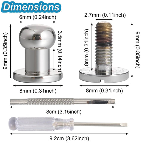 Six Pack Of Solid Brass Ball Stud Rivets For Leather Goods And Bags with dimensions showing sizes for DIY applications.