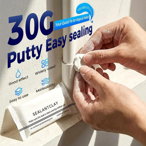 Hands applying 30g sealant putty to fill gap near pipe using Waterproof Sealant Mastic For Wall Holes And Cracks Multi Purpose Crack Filler Putty.