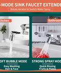 1080 Degree Swivel Faucet Extender With Splash Water Aerator installed in kitchen and bathroom, showcasing soft and strong spray modes.