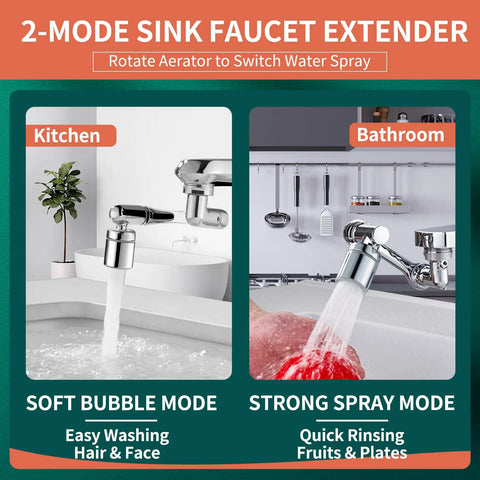 1080 Degree Swivel Faucet Extender With Splash Water Aerator installed in kitchen and bathroom, showcasing soft and strong spray modes.