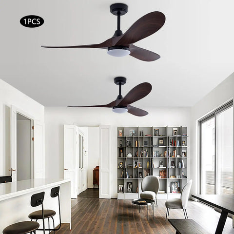 Ceiling Fan with Light, 48W Integrated Lighting, Silent Operation 35dB in modern living room with wood floors and bookshelves.