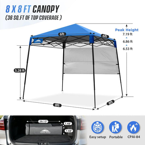 8x8 Pop Up Canopy Tent With Sidewall, Compact Portable Sun Shelter For Beach, Sports, And Camping, Slant Leg Design, Blue