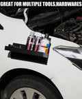 Magnetic Tool Tray 12 By 4.5 By 1.25 Inches installed on car hood, holding spray bottles, showing use for garages.