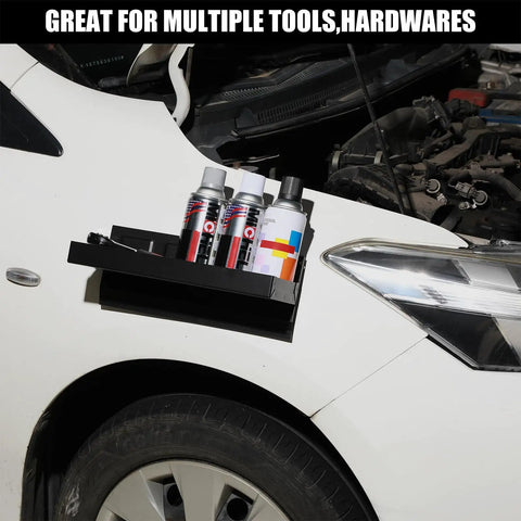 Magnetic Tool Tray 12 By 4.5 By 1.25 Inches installed on car hood, holding spray bottles, showing use for garages.