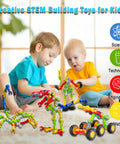 Kids playing with STEM Building Toys 125 Piece Building Blocks Set For Kids Ages 3 4 5 6 7 8, various models shown