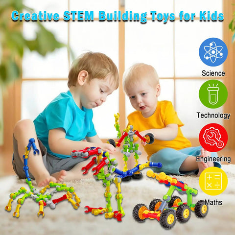Kids playing with STEM Building Toys 125 Piece Building Blocks Set For Kids Ages 3 4 5 6 7 8, various models shown