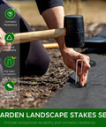 Pro Grade Heavy Duty Galvanized Landscape Staples Set 100 Pcs U Shaped Garden Stakes 6 Inch 11 Gauge With 50 Gaskets For Weed Barrier Fabric Grass Sod Artificial Turf And Yard Landscaping being installed.