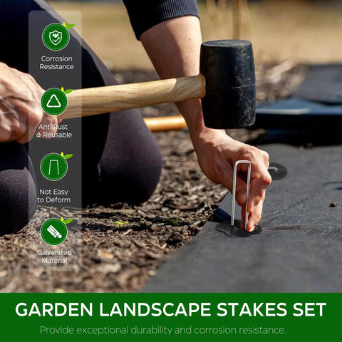 Using 200 Count Heavy Duty Galvanized Anti Rust Garden Stakes And Landscape Staples in landscaping with hammer and gaskets
