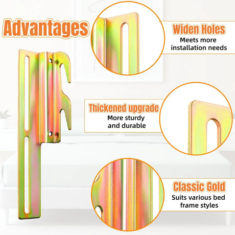 Set Of 4 Bed Frame Conversion Brackets Swaps Bolt On Rig To Hook On Fit With Absolutely Zero Hiccups Universal Headboard Mounting Clamps for Wood Frames displayed with detailed advantages including thickened upgrade and widened holes.