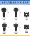 Standard sizes of Black JG-6 and JG-5 screws with Black M5 and M6 nuts from Badass M5 M6 Cage Nuts Kit With Screws Contains 80 Pieces.