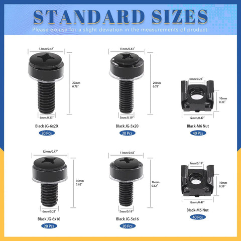 Standard sizes of Black JG-6 and JG-5 screws with Black M5 and M6 nuts from Badass M5 M6 Cage Nuts Kit With Screws Contains 80 Pieces.