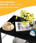 Rustic wooden tabletop - 23.62 x 15.74 in, water-proof & wear resistant with flowers, cup, and clock for decor.