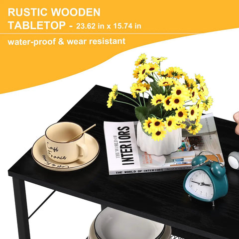 Rustic wooden tabletop - 23.62 x 15.74 in, water-proof & wear resistant with flowers, cup, and clock for decor.