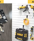 Comparison of a messy floor with tools and a neat wall setup using Eight Pack Slatwall Hooks Heavy Duty Garage Organizer For Power Tools And Cords Fits Standard 3 Inch Slat Wall Holds Up To 70 Lbs Durable Wall Hangers For Tool Storage And Cord Management In The Garage Goes Hard For Your Garage.
