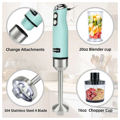 600W 4-In-1 Corded Immersion Blender Handheld Kitchen Mixer With Stainless Steel Attachments showing blades and cups for smoothies, soups.