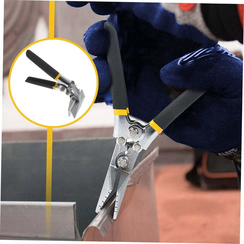 Manual Metal Bender Tool With 3 Inch Seaming Pliers in use on sheet metal, featuring handy hand seamers and heavy duty metalworking clamp.