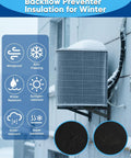 Outdoor AC Pipe Insulation Sleeve Wrap 3-Layer 600D Oxford Cover For Outside Hoses 72x10.2 Inches Easy Install With 4 Adjustable Straps No-Fuss Weatherproof Black installed on AC unit in snow