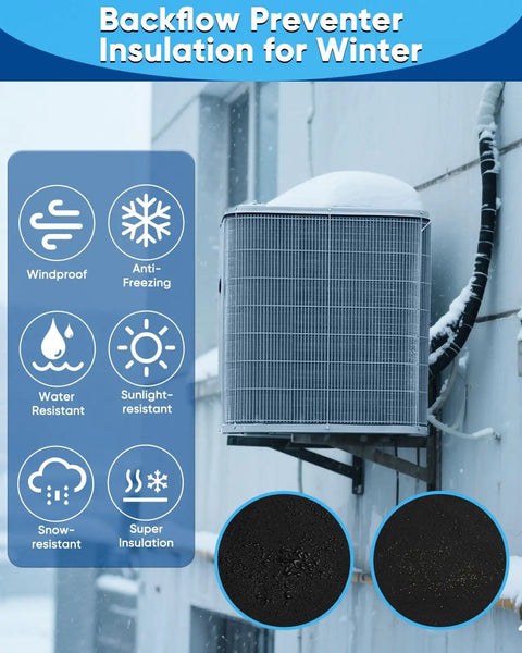 Outdoor AC Pipe Insulation Sleeve Wrap 3-Layer 600D Oxford Cover For Outside Hoses 72x10.2 Inches Easy Install With 4 Adjustable Straps No-Fuss Weatherproof Black installed on AC unit in snow