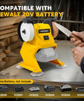 Hard Charging Cordless Mini Bench Grinder Polisher Rolling 5500 RPM with knife in use, compatible with Dewalt 20V battery.